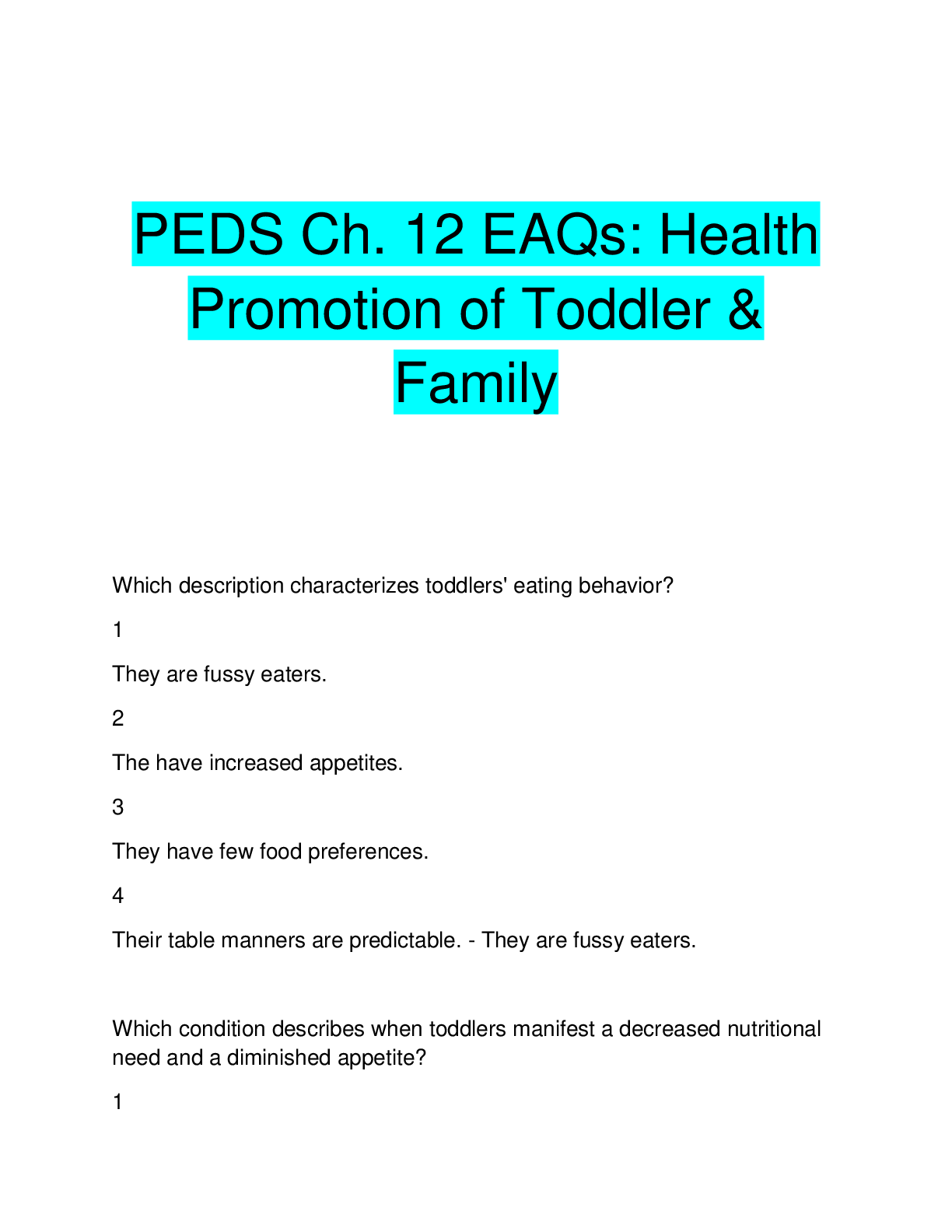 Preview image for PEDS Ch. 12 EAQs: Health  Promotion of Toddler &  Family